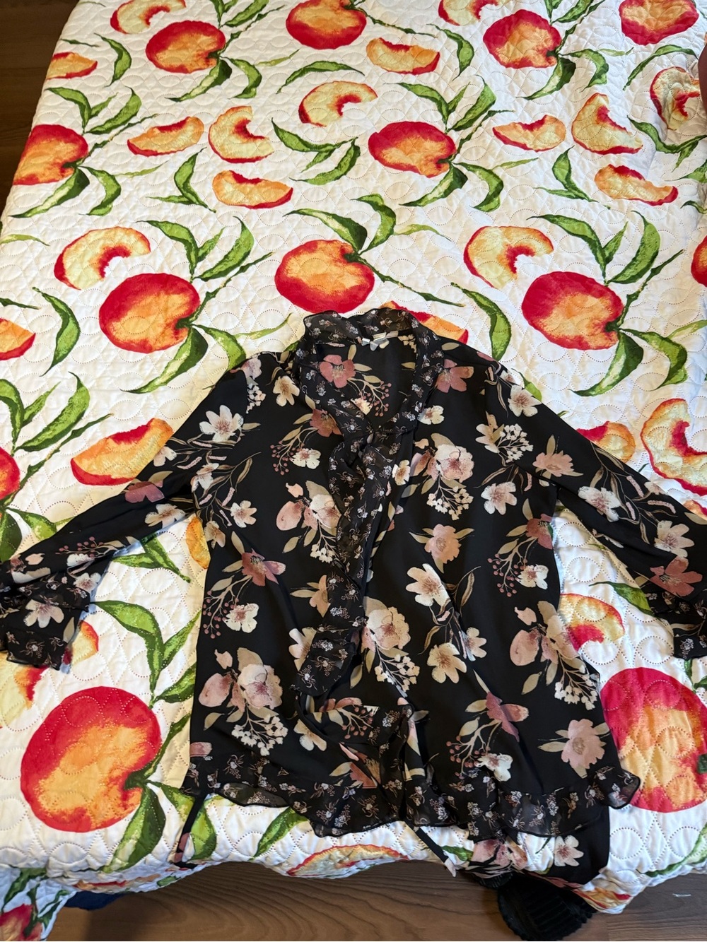 Women’s Black Floral Ruffle Blouse - Pink & Cream Flowers